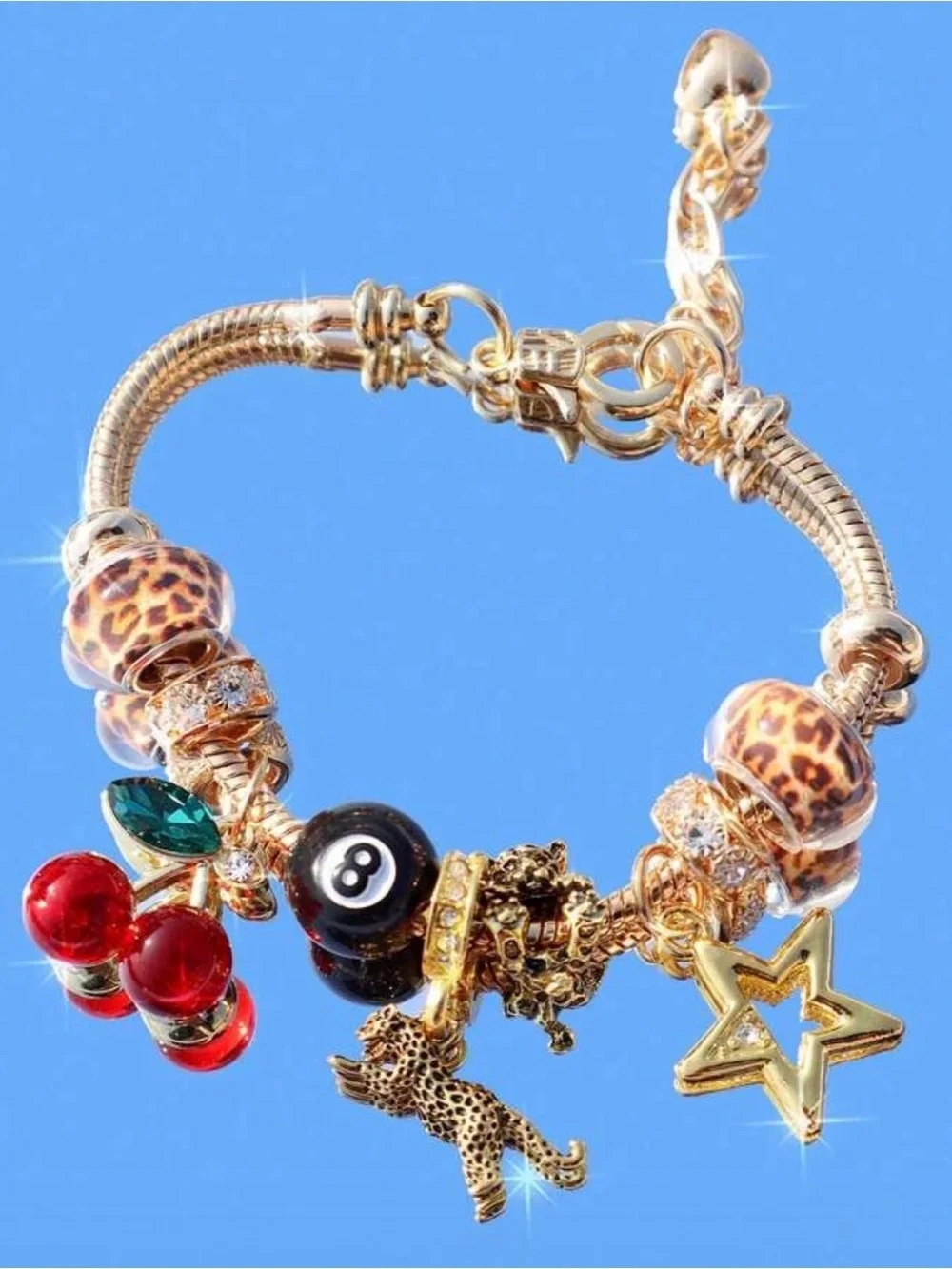 Gold Charm Bracelet with Black 8-Ball, Red Cherry & Leopard Beads